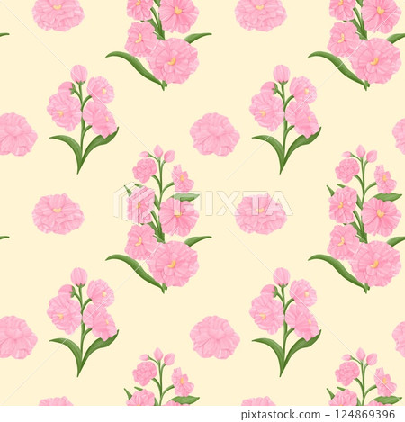 Vintage Hoary Stock Seamless Floral Pattern Yellow background Vintage Hoary Stock Seamless Floral Pattern Yellow background 124869396