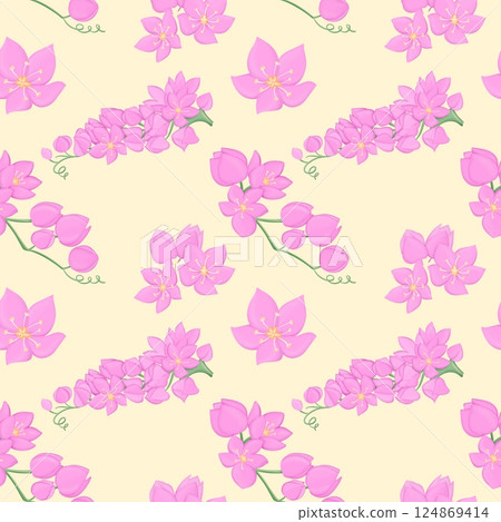 Vintage Mexican Creeper Seamless Floral Pattern Yellow background 124869414