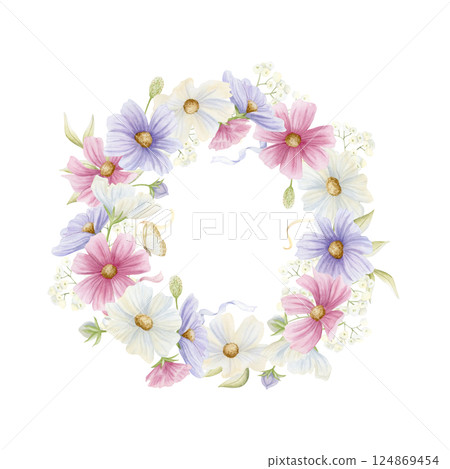 Pastel wildflowers round wreath watercolor illustration. Pastel pink, purple and white cosmos flowers crown with butterfly and ribbons. Spring garden blooming plants circle frame. Floral clip art 124869454