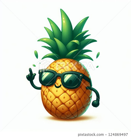 Anthropomorphic pineapple wearing sunglasses and smiling. Cartoon fruit character with arms and hands isolated on white background 124869497