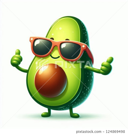 Anthropomorphic avocado wearing sunglasses and smiling. Cartoon fruit character showing thumbs up isolated on white background Anthropomorphic avocado wearing sunglasses and smiling. Cartoon fruit character showing thumbs up isolated on white background 124869498