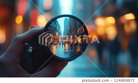 City street view through camera lens. 124869672