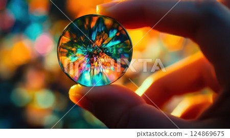 Hand holding a colorful, iridescent glass sphere. 124869675