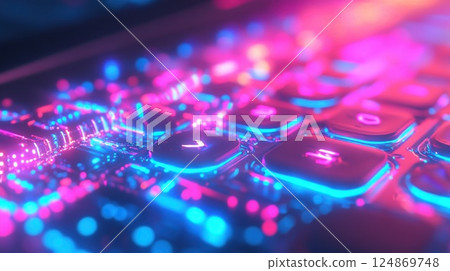 Close-up of glowing neon pink and blue keyboard keys. Close-up of glowing neon pink and blue keyboard keys. 124869748