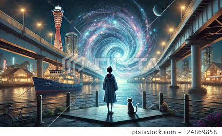 A girl and a cat who seem to be sucked into a vortex of time, with the night view of Kobe in the background 124869858