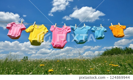Colorful baby clothes drying on a clothesline outdoors. Colorful baby clothes drying on a clothesline outdoors. 124869944