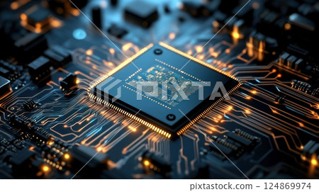 Close-up of a CPU on a circuit board. Close-up of a CPU on a circuit board. 124869974