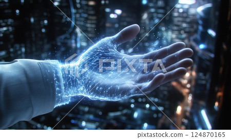 Glowing hand with digital particles, futuristic technology. 124870165
