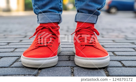 Red canvas sneakers on cobblestone street. 124870172