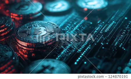 Close-up of bitcoin cryptocurrency coins on a circuit board. 124870191