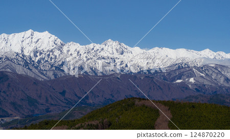 Spring in the Northern Alps: Omachi cityscape as seen from Mount Takagari Spring in the Northern Alps: Omachi cityscape as seen from Mount Takagari 124870220