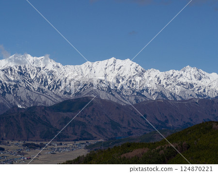 Spring in the Northern Alps: Omachi cityscape as seen from Mount Takagari Spring in the Northern Alps: Omachi cityscape as seen from Mount Takagari 124870221