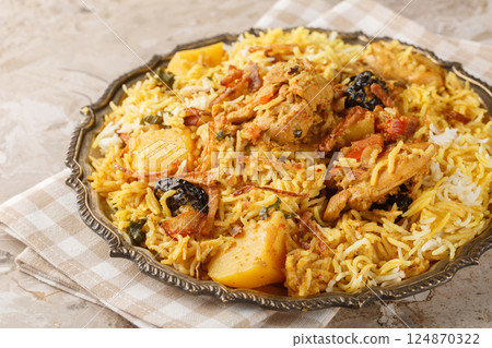 Sindhi Biryani made using chicken, basmati rice, yogurt, onions, green chillies, potatoes and tomatoes closeup on the plate. Horizontal Sindhi Biryani made using chicken, basmati rice, yogurt, onions, green chillies, potatoes and tomatoes closeup on the plate. Horizontal 124870322