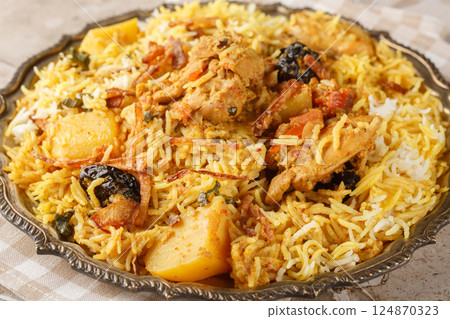 Pakistani spicy chicken pilaf with basmati, potatoes, tomatoes, onions and prunes close-up in a plate. Horizontal 124870323