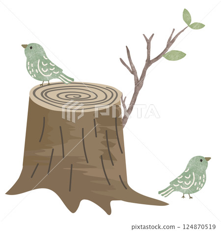 樹樁和小鳥的插圖（森林鳥類和樹樁的插圖，帶有圖畫書風格的水彩畫） 124870519