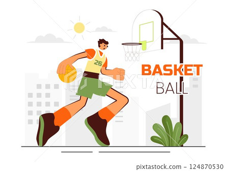 Happy Young Man Playing Basketball Vector Illustration, Wearing a Basketball Uniform on a Court for a Tournament in a Flat Style Design Background Happy Young Man Playing Basketball Vector Illustration, Wearing a Basketball Uniform on a Court for a Tournament in a Flat Style Design Background 124870530