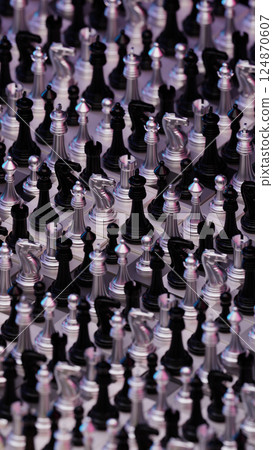 Battle Of Chess Pieces Seamless Pattern, 3D illustration Background for advertising and wallpaper in education and gambit scene. Battle Of Chess Pieces Seamless Pattern, 3D illustration Background for advertising and wallpaper in education and gambit scene. 124870607