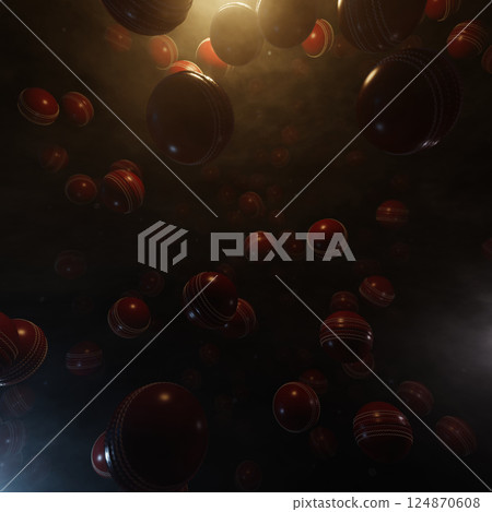 Falling Cricket Ball In The Air, 3D illustration Background for advertising and wallpaper in sports and cricket scene. 3D rendering in decorative concept. Falling Cricket Ball In The Air, 3D illustration Background for advertising and wallpaper in sports and cricket scene. 3D rendering in decorative concept. 124870608