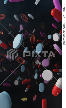 Flying Pills In Night Light, 3D illustration Background for advertising and wallpaper in beauty and medical scene. 3D rendering in decorative concept. 124870610