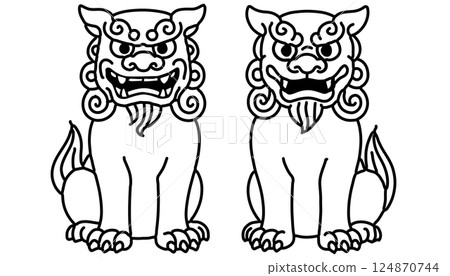 A pair of line drawings of the traditional Okinawan talisman "Shisa" A pair of line drawings of the traditional Okinawan talisman "Shisa" 124870744