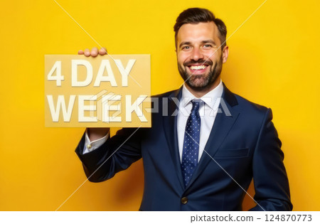 AI generated Happy man employee holding a sign with writing 4 day week on yellow background. 124870773