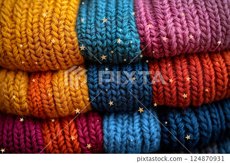 Colorful hand-knitted knit with overlapping small stars Colorful hand-knitted knit with overlapping small stars 124870931