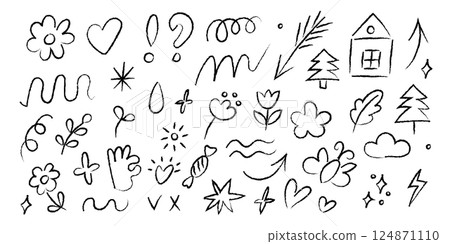 Creative Cacharol doodle featuring various whimsical shapes and designs in black ink 124871110
