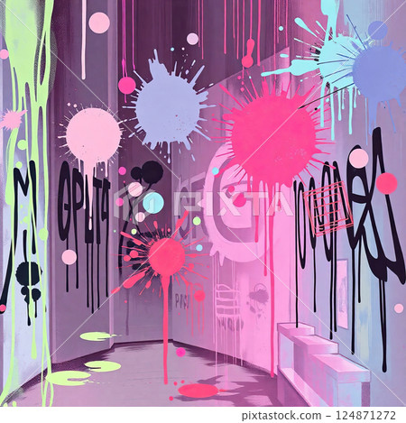 A visually striking background with dark, irregular ink marks and splattered paint. 124871272
