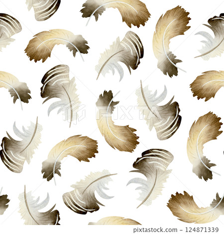 Brown grey chicken feathers watercolor seamless pattern on white. Farm birds plumage repeat background in simple hand drawn style for monochrome village and Easter designs Brown grey chicken feathers watercolor seamless pattern on white. Farm birds plumage repeat background in simple hand drawn style for monochrome village and Easter designs 124871339