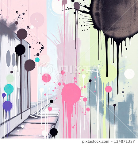 The edgy design showcases grunge style with layered ink drops and dramatic splashes. 124871357