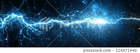 High-energy light streak with small sparkles and electric pulse effects, isolated on black 124871440