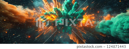 Hyper-futuristic cosmic explosion with radiant green and orange stellar plasma clouds dispersing into the galaxy Hyper-futuristic cosmic explosion with radiant green and orange stellar plasma clouds dispersing into the galaxy 124871443