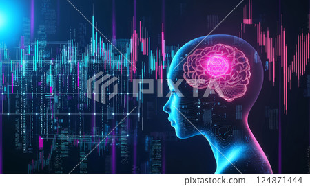 holographic financial graph floating between a human and AI brain, symbolizing machine learning in business analytics 124871444