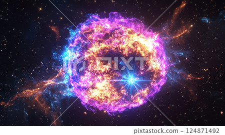 Futuristic cosmic explosion with neon blue and magenta plasma clouds in deep space 124871492
