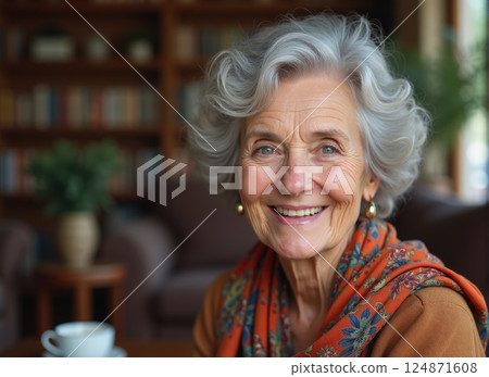elderly woman with silver hair styled in soft curls, wearing a vibrant scarf and a warm smile elderly woman with silver hair styled in soft curls, wearing a vibrant scarf and a warm smile 124871608