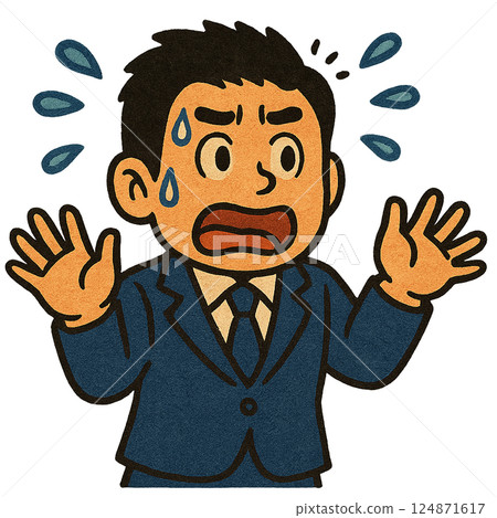 Surprised and raising hands, man in panic, shocked reaction of businessman in a panic at the happening Surprised and raising hands, man in panic, shocked reaction of businessman in a panic at the happening 124871617