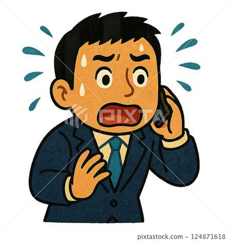 A businessman in a suit who is in a hurry to respond, is upset after receiving a call about a problem, and is surprised by an emergency on the phone A businessman in a suit who is in a hurry to respond, is upset after receiving a call about a problem, and is surprised by an emergency on the phone 124871618