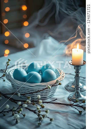 A beautifully arranged Easter table adorned with candles, florals, and subtle pastel charm. 124871721