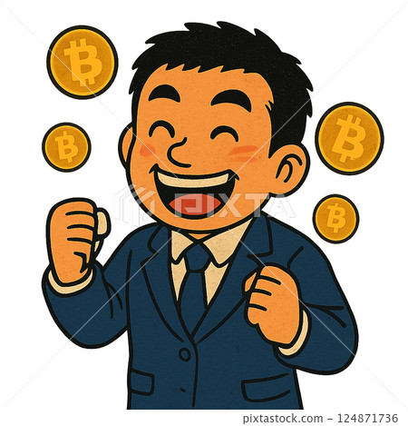 商人為比特幣價格上漲而歡欣鼓舞,在從虛擬貨幣中獲利後面帶微笑,用加密資產揮舞拳頭 商人為比特幣價格上漲而歡欣鼓舞,在從虛擬貨幣中獲利後面帶微笑,用加密資產揮舞拳頭 124871736