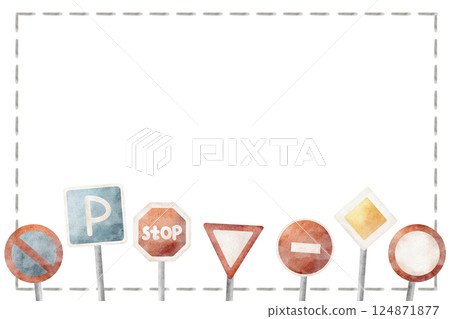 Frame watercolor illustration road signs, stop signs, parking designation, passage. Template in children's style isolated on background for invitation design, holiday, driving lessons car, postcard 124871877