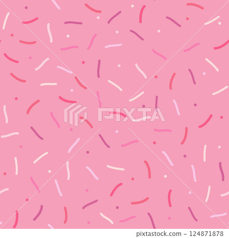 Simple Sprinkle Seamless Pattern. Pink donut glaze with colorful decorative sprinkles. Vector Illustration in scandinavian style Simple Sprinkle Seamless Pattern. Pink donut glaze with colorful decorative sprinkles. Vector Illustration in scandinavian style 124871878