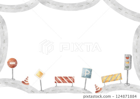 Watercolor frame road signs, traffic lights, road, pointers, warnings. Children's illustration car signal. Cartoon style template for invitation design baby birthday, boy's holiday, driving lessons 124871884