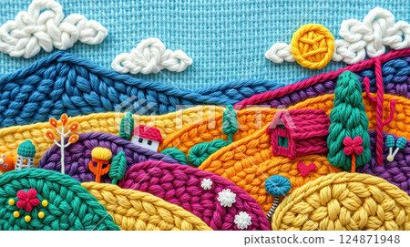 Embroidery background with a vibrant spring landscape. Embroidery background with a vibrant spring landscape. 124871948