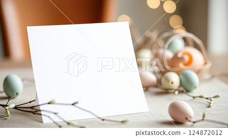 Empty paper sheet mockup. Easter-themed spring composition on the table. Copy space for message. 124872012