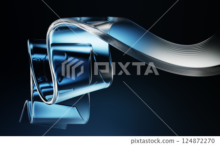 3d abstract liquid glass transparent tape wave line on dark blue background. Render fluid flow curve shape, water ribbon in neon light on black bg. Graphic design digital technology. 3D illustration 3d abstract liquid glass transparent tape wave line on dark blue background. Render fluid flow curve shape, water ribbon in neon light on black bg. Graphic design digital technology. 3D illustration 124872270
