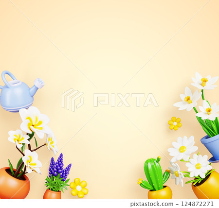 3d flowerpots frame - summer border with houseplants in pots and watering can on light yellow background. Flower store ad flyer with green plants for home garden decor, Cartoon render. 3D illustration 3d flowerpots frame - summer border with houseplants in pots and watering can on light yellow background. Flower store ad flyer with green plants for home garden decor, Cartoon render. 3D illustration 124872271