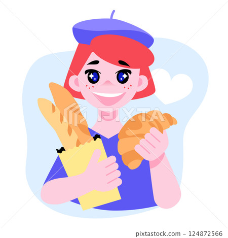 Girl with croissant and baguettes - colorful flat design style illustration 124872566