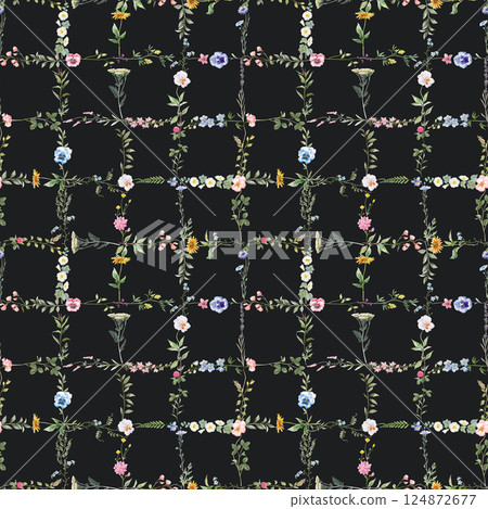 Seamless Diamond Floral Repeat Pattern with Small Ditsy Flowers. Charming Floral Tile Design. Vintage Floral Lattice, Illustration 124872677