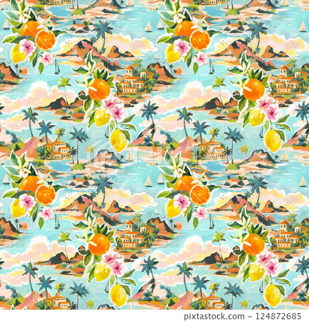 Beautiful vector tropical seamless pattern with hand drawn paradise islands with mountains and palm trees on beaches with ocean and clouds in sky. Ready tropical print design. Beautiful vector tropical seamless pattern with hand drawn paradise islands with mountains and palm trees on beaches with ocean and clouds in sky. Ready tropical print design. 124872685