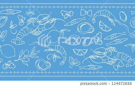Horizontal vector pattern of seafood shrimps, oysters, lobster, lemons and olives. Mediterranean Dolce Vita style vintage illustrations for food, suitable for restaurant and marine cafe menu. Horizontal vector pattern of seafood shrimps, oysters, lobster, lemons and olives. Mediterranean Dolce Vita style vintage illustrations for food, suitable for restaurant and marine cafe menu. 124872688